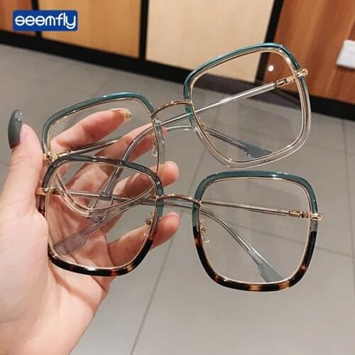 Seemfly 2021 New Square Oversized Glasses Frame Transparent Flat Lens Optical Eyeglasses Radiation Protection Computer Goggles