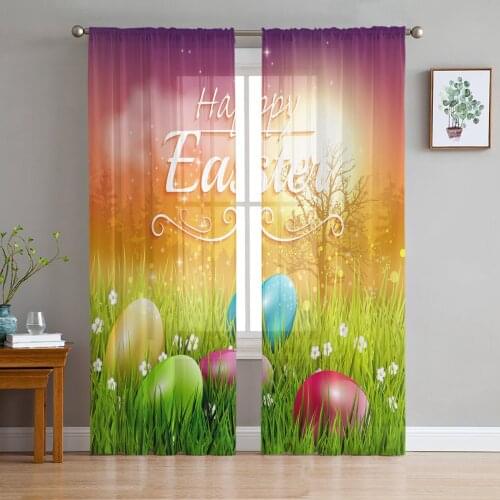 Easter DayS Egg Greeting Card Grass Tulle Sheer Window Curtains for Living Room Kitchen Children Bedroom Voile Hanging Curtain