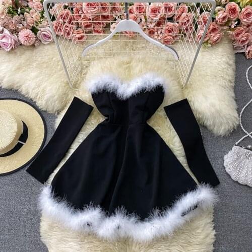 Spring/Summer 2021 Japanese Korean Fashion Style Sexy Uniform Furry Stitching Nightclub Off-Shoulder Backless Dress with Sleeves