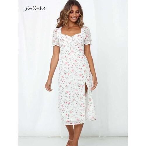 Yinlinhe White Floral Long Dress Women Short Sleeve Ruched Heart Collar Summer Dress chiffon Outfit Split Midi Dress Holiday 708