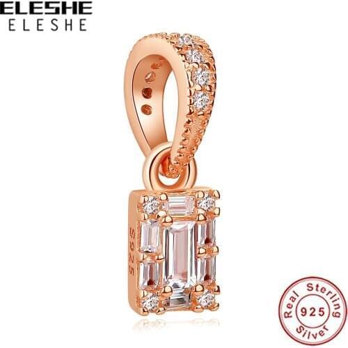 ELESHE Wholesale 925 Sterling Silver with Dazzling CZ Bead Rose Gold Square Luxury Charm Fit Original Bracelets DIY Jewelry