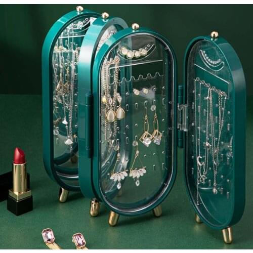Foldable Jewelry Storage Box Household Earrings Necklace Display Stand High Capacity Luxury Retro Screen Jewelry Organizer Case