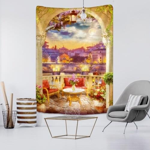Ancient Castle Tapestry Wall Hanging Bohemian Style Retro Colorful Table Mat Living Room Printing Art Decoration