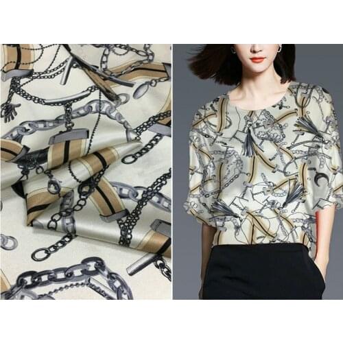 Heavy silk fabric new 19 mmi brand chain printing fabric natural elastic silk satin dress fashion fabric spring and summer