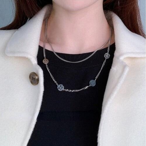 U-Magical Hiphop Smile Face Cry Face Pendant Necklace for Women Double-Layer Titanium Steel Hollow Chunky Chain Necklace Jewelry
