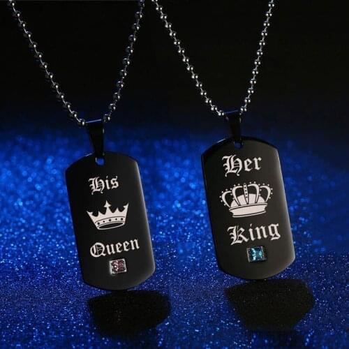 V.Ya Black Military Army Card Stainless Steel Couple Necklaces "Her King & His Queen"Card Crown Tag Pendant with Stone Drop Ship