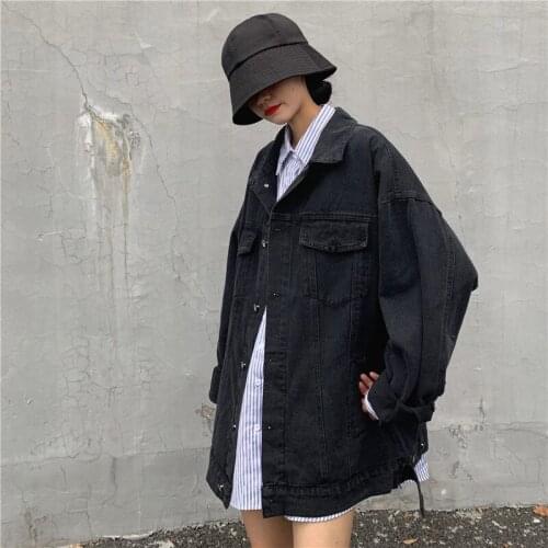 WWENN Loose Fit Denim Button Big Size Printing Long Jacket New Lapel Long Sleeve Women Coat Fashion Tide Spring Autumn 2020