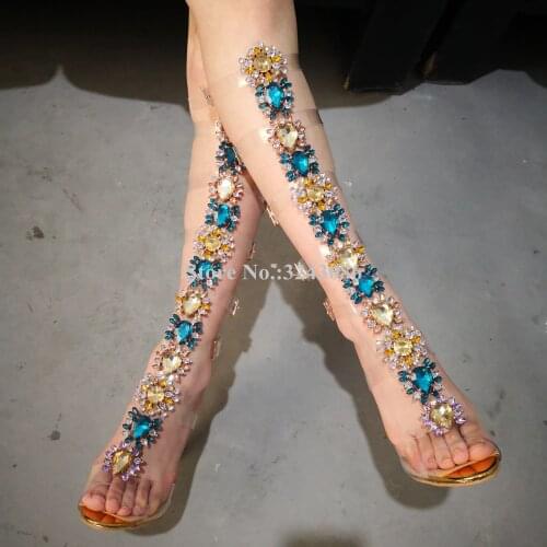 Colorful Crystal Near Knee Sandals Boots Sexy Woman Transparent PVC Buckles Gladiator Boots Fashion Rhinestone Lady Sandals