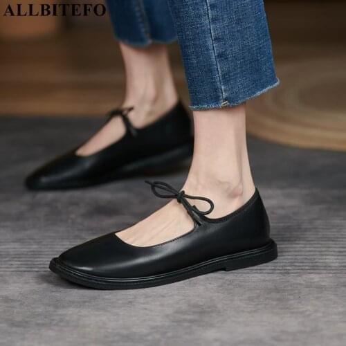 ALLBITEFO Round Toe Soft Genuine Leather Women Heels Shoes Spring Fashion Leisure Girls Comfortable Low Heel Women Walking Shoes