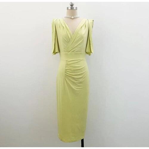 Summer Lemon Yellow Pleated Maxi Dress Ruffles V Neck Slim Women Solid Folds Wrap Dress Formal Party Birthday Dress Short Sleeve