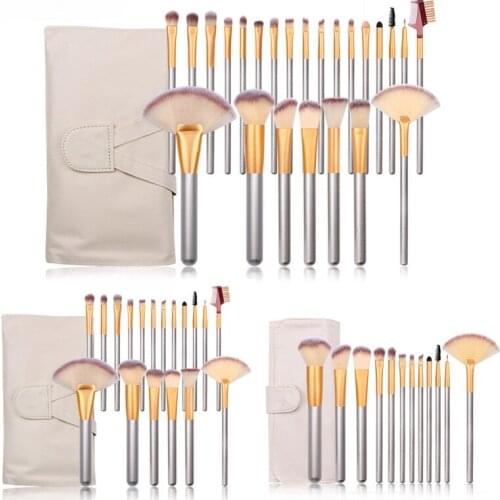 12 / 18 / 24pcs Off White Champagne Gold Makeup Brush Set Eye Shdow Blush Brush Beauty Tools with Pu Storage Bag