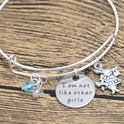 12pcs Alice in Wonderland Inspired bracelet I am not like other girls Silver colored bangles