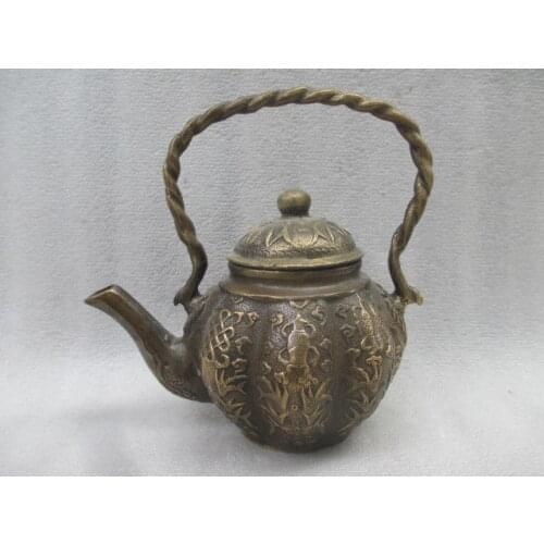 5.12 inch / Chinas old copper hand carved pumpkin flowers teapot