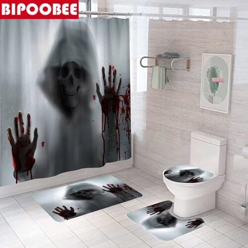 Skull Skeleton Bloody Hands 3D Shower Curtains Halloween Decoration Toilet Lid Cover Bath Mats Pedestal Rugs Anti-slip Carpet