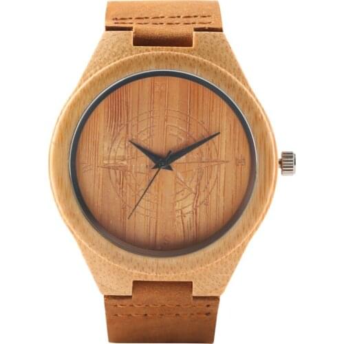 Wood Watch Leather Strap Men Watch Brown Color Casual Quartz Bamboo Wristwatch Best Gift For Men and Women