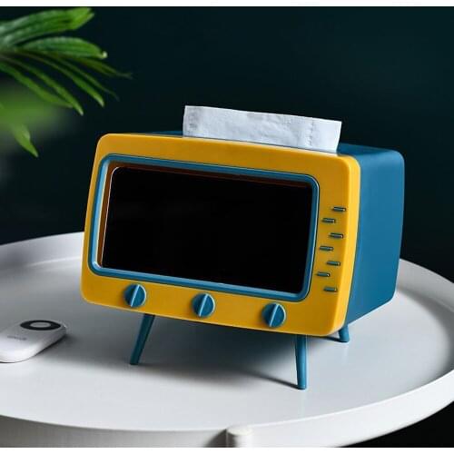 Home Tissue Box Container Cute TV style Paper Draw Box Pumping Box with Phone Stand Desktop Paper Storage Case