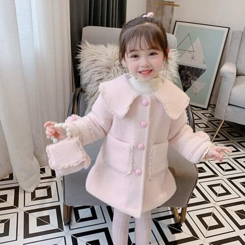 DFXD 2-8Yrs Elegant Girls Wool Coat Fashion Winter Kids Clothing Solid Color Long Cotton Jacket Thick Warm Princess Kids Outwear