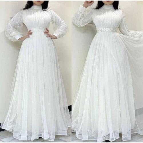 Elegant Long Sleeve Beaded White Evening Dresses A-Line Tulle Floor Length Abendkleid Formal Party Gown for Women
