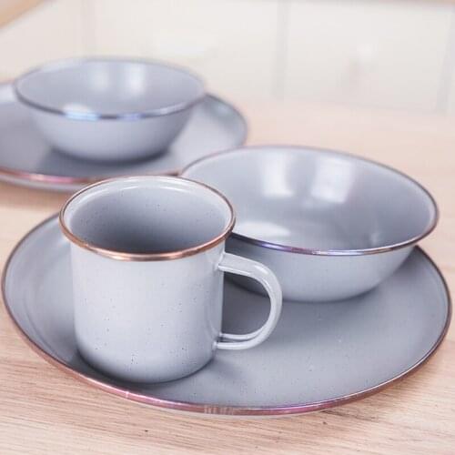 Porcelain enamel thickened plate marble grain baking dish retro small fresh blue edge cooking bowl with scale water cup mug set