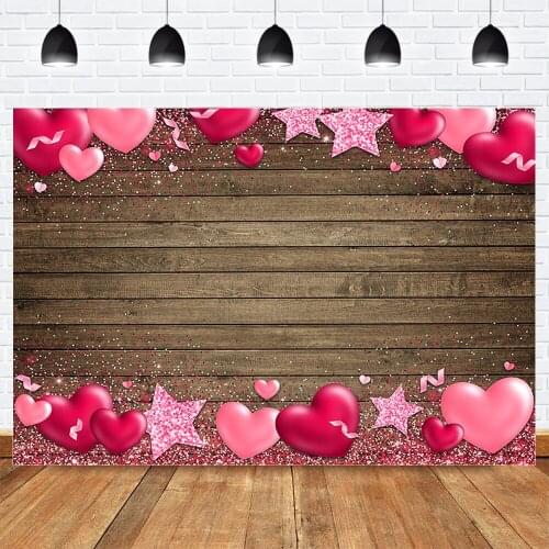 Valentines Day Themed Party Photography Backdrop Photocall Pink Red Heart-shaped Background Wooden Floor Photocall for Couple