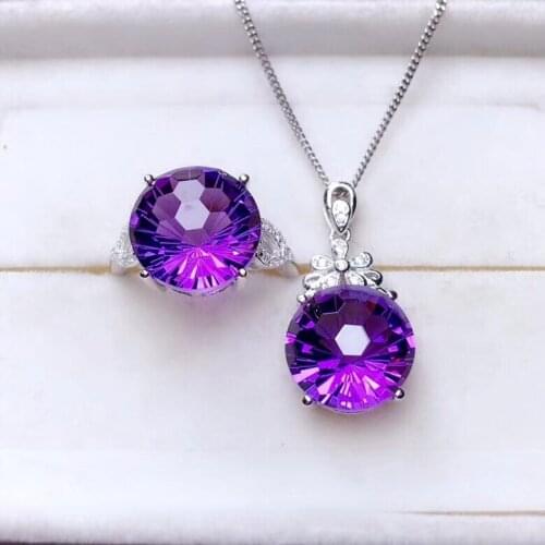 Exquisite purple amethyst ring and necklace jewelry set women jewelry round natural gem 925 sterling silver certified girl gift