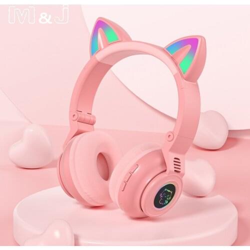 Cat Ear Earphones LED Glowing Bluetooth Headphones Wireless Helmet Headsets Stereo Gaming Earbud with Microphone Kids Girl Gifts