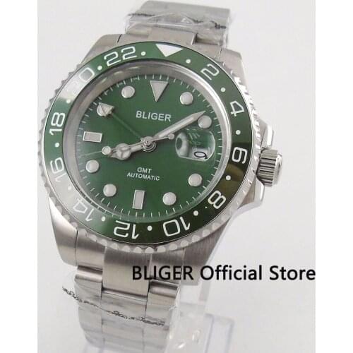 Sapphire Crystal 40MM BLIGER Green Dial Green Ceramic Bezel Luminous Marks GMT Function Automatic Movement Mens Wristwatch B179