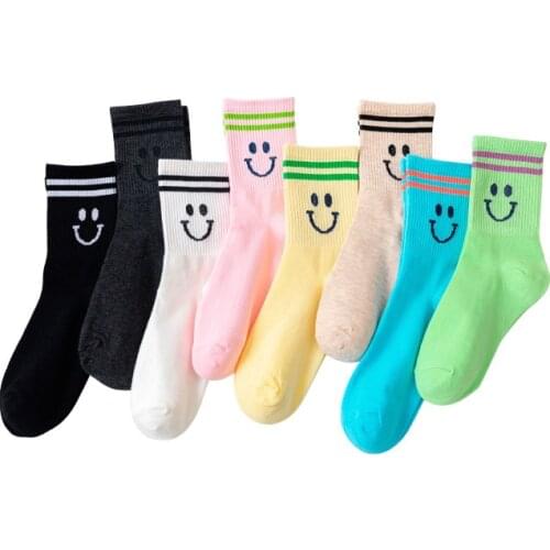 Striped Socks Women Cartoon Smile Face Smiley Socks Girls Kawaii Cute Japanese Fashion Woman Cotton Crew Sock kobieta skarpety
