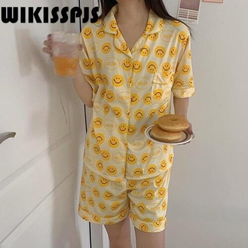 WIKISSPJS Pajamas Womens Summer Smile Short Sleeve Shorts Casual Home Wear Two Piece Set Kawaii Pajama Pajamas for Teen Girls