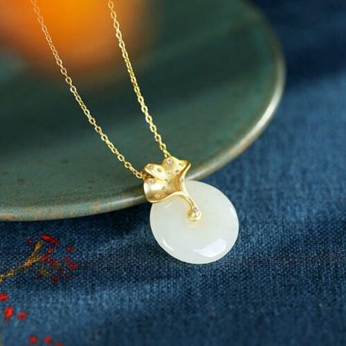 Natural Hetian Jade White Jade Peace Buckle Ginkgo Leaf Pendant S925 Sterling Silver High-Grade Ornament