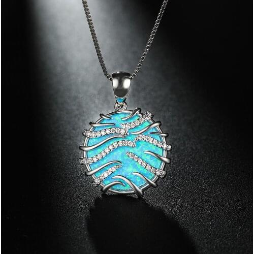 RongXing Luxury Blue White Fire Opal Necklace Big Round Stone Pendants SilverColor Rose Gold Wedding Necklaces For Women Jewelry