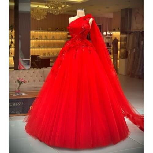 SuperKimJo Red Prom Dresses One Shoulder Lace Applique 3D Flowers Elegant Evening Gown Vestidos Formales