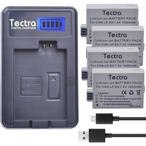 Tectra 4PCS LP-E5 LP E5 LPE5 Li-ion Battery +LCD USB Charger for Canon EOS Rebel XS Rebel T1i Rebel XSi 1000D 500D 450D Kiss X3