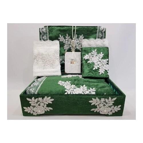 Turkish work Filet Lace Velvet Coffer Bohça Prayer Rug Team Emerald Green