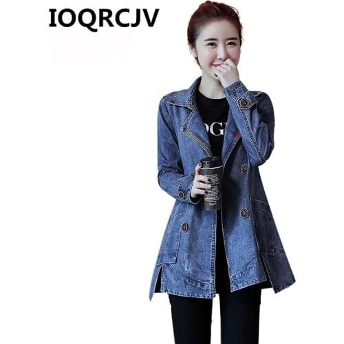 2019 Autumn Womens Denim Jacket Long-sleeved Casual Cowboy Overcoat Korean Loose Long Windbreaker Female Jacket Outerwear R484