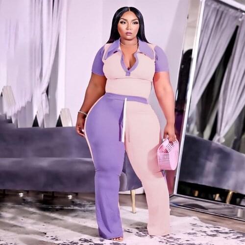 Plus Size Womens Clothing Two Piece Set Color Matching Turn Down Collar Lace-up Pants Suits Summer Sexy Wholesale Dropshipping