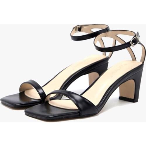 Women Sandals High Heel Gladiator Buckle Strap Fashion Shoes PU Buckle Strap 6CM Thick High Heels Square Toe women shoes black