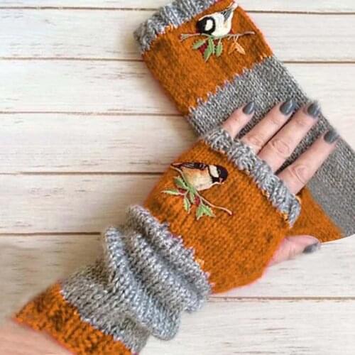 Women Birds Embroidery Glove Knitted fingerless Femme gloves Plus Velvet Color Block Splice Mittens Mujer Gloves Lovely Guantes