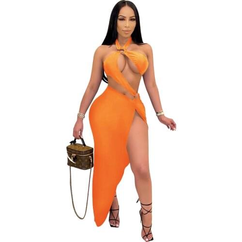 Cutubly Summer Two Piece Outfits Sets Sexy Clubwear Solid Two Piece Sets Hollow Out Sleeveless Women Skirt Set Fashion 2021