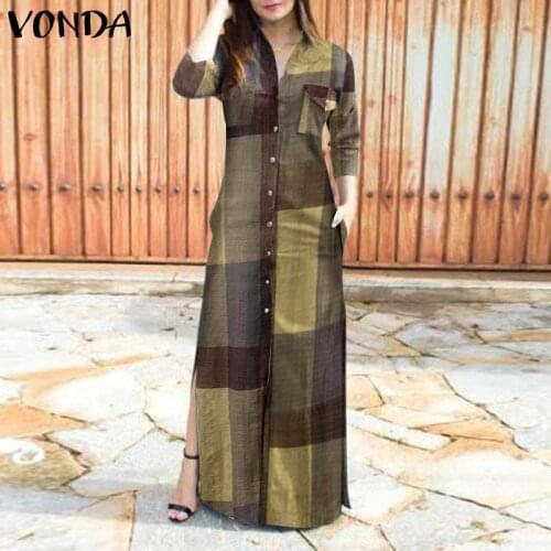 Women Long Sleeve Shirt Dress 2021 VONDA Vintage Lapel Neck Plaid Party Maxi Long Dresses Casual Vestidos Robe Femme