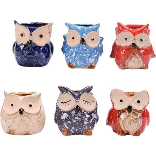 6 Pcs Owl Pots,Little Ceramic Succulent Owl Planters With Drainage Holes Container Planter Bonsai Pots