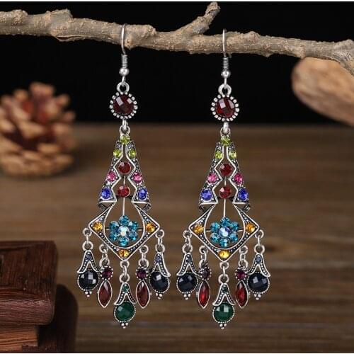 Bohemia Retro Black Geometric Earring For Women Ethnic Summer Green Rhinestone Stone Beaded Dangling Earrings Party Jewelry