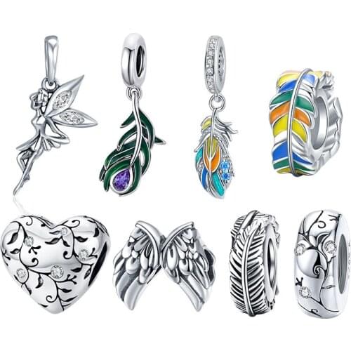 WOSTU Authentic 925 Sterling Silver Hot Sale Feather Beads Charms Pendant Fit Bracelets Women Fashion DIY Jewelry Gift Making