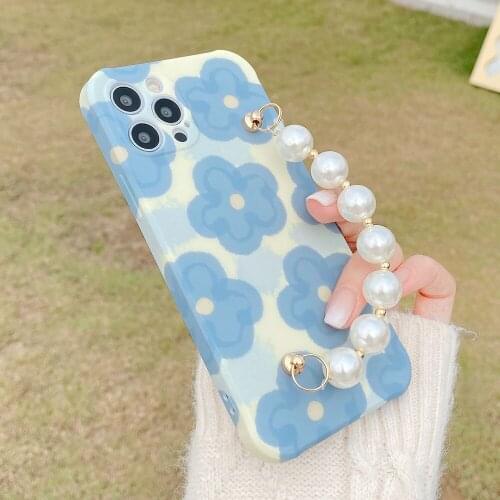 Korean style classic flowers Pearls Chain Wrist Bracelet Case For iPhone 12 11 Pro Max XS Max XR 8 7 Plus Soft IMD Soft Cases
