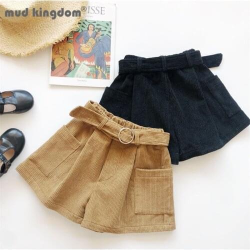Mudkingdom Girls Shorts Solid Loose Pockets Belt Elastic Waist Corduroy Vintage Kids Shorts for Spring Autumn Children Clothing