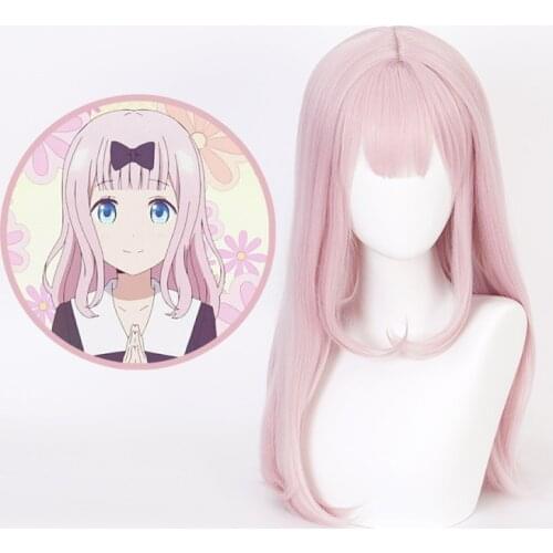 Fujiwara Chika 55cm pink long curls wig Anime Kaguya-sama:Love is War heat resistant hair cosplay costume wigs + wig cap
