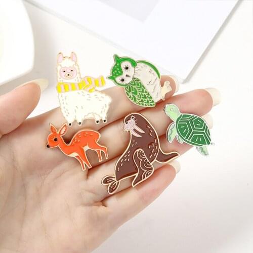 Lovely Zoo Enamel Pins Owl Alpaca Seals Elephant Sea turtle Deer Brooches for Women Lapel Pins Badge Jewelry