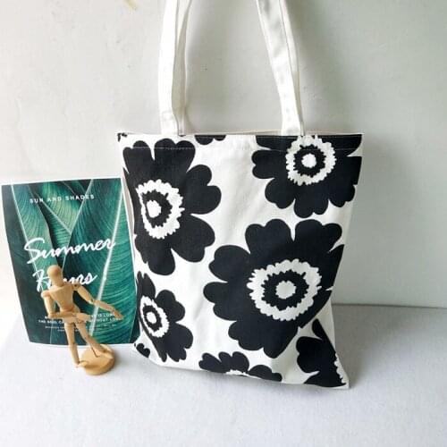 Black Flower Print Canvas Bag Women Cotton Cloth Shoulder Bag Zipper Large Shopping Tote Bag Cute Ins Student Book Handbag 2021