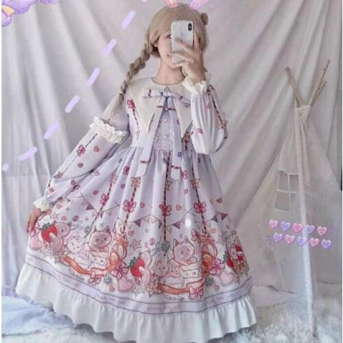 Cute Kawaii Design Cat Party Japanese Ocean Lolita Student Lolita Long Sleeve Dress Cos Vintage Court Princess Dress Party