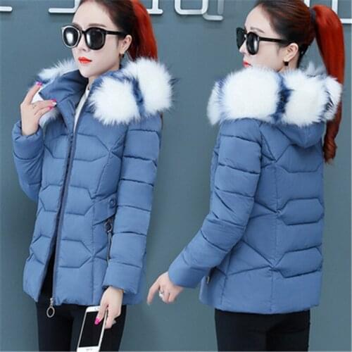 Fashion Korean Short Down Cotton Jacket Plus Size Womens Winter Long-sleeved Hooded Color Fur Collar Casual Cotton-Padded Coats